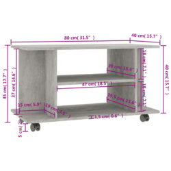 TV-benk med hjul betonggrå 80x40x45 cm konstruert tre