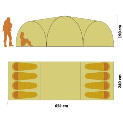 Campingtelt igloformet 650x240x190 cm for 8 personer blå