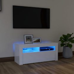 TV-benk med LED-lys høyglans hvit 90x35x40 cm