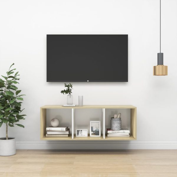 Vegghengt TV-benk sonoma eik og hvit 37x37x107cm konstruert tre