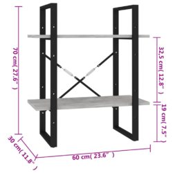 Bokhylle 2 nivåer betonggrå 60x30x70 cm konstruert tre