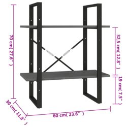 Bokhylle 2 nivåer grå 60x30x70 cm heltre furu