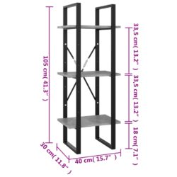 Bokhylle 3 nivåer betonggrå 40x30x105 cm konstruert tre