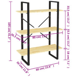 Bokhylle 3 nivåer 80x30x105 cm heltre furu