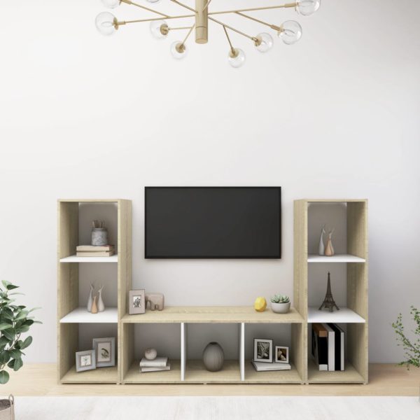 TV-benker 3 stk hvit og sonoma eik 107x35x37 cm konstruert tre