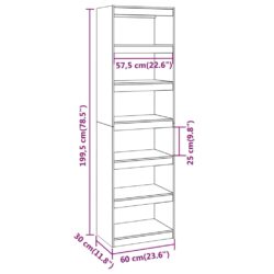 Bokhylle/romdeler hvit 60x30x199,5 cm heltre furu