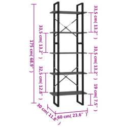 Bokhylle 5 nivåer grå 60x30x175 cm konstruert tre