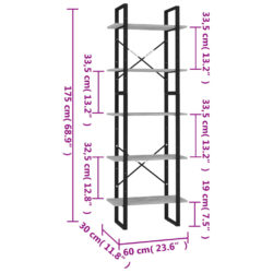 Bokhylle 5 nivåer betonggrå 60x30x175 cm konstruert tre