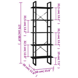 Bokhylle 5 nivåer svart 60x30x175 cm heltre furu