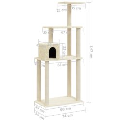 Kattetre med klorestolper i sisal kremhvit 147 cm