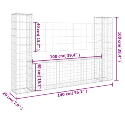 Gabionkurv u-formet med 2 stolper jern 140x20x100 cm