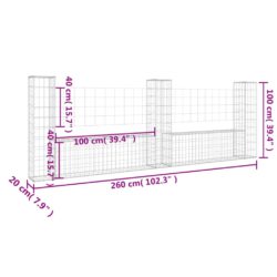 Gabionkurv u-formet med 3 stolper jern 260x20x100 cm