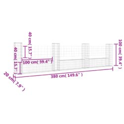 Gabionkurv u-formet med 4 stolper jern 380x20x100 cm