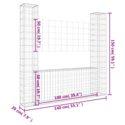 Gabionkurv u-formet med 2 stolper jern 140x20x150 cm