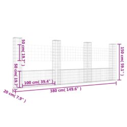 Gabionkurv u-formet med 4 stolper 380x20x150 cm jern