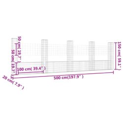 Gabionkurv u-formet med 5 stolper 500x20x150 cm jern