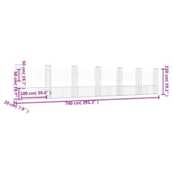 Gabionkurv u-formet med 7 stolper jern 740x20x150 cm