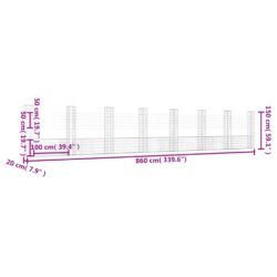 Gabionkurv u-formet med 8 stolper jern 860x20x150 cm