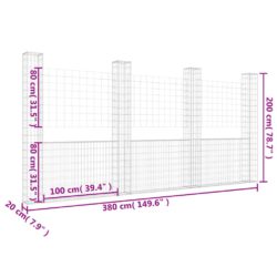 Gabionkurv u-formet med 4 stolper jern 380x20x200 cm