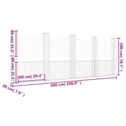 Gabionkurv u-formet med 5 stolper jern 500x20x200 cm