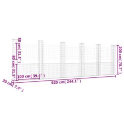 Gabionkurv u-formet med 6 stolper jern 620x20x200 cm