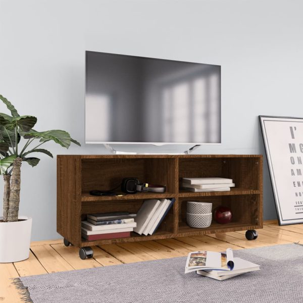 TV-benk med hjul brun eik 90x35x35 cm konstruert tre