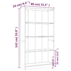 Bokhylle 4 etasjer brun eik 80x24x142 cm konstruert tre