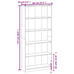 Bokhylle 5 etasjer røkt eik 80x24x175 cm konstruert tre