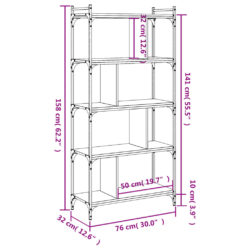 Bokhylle 5 etasjer svart 76x32x158 cm konstruert tre