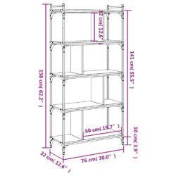 Bokhylle 5 etasjer brun eik 76x32x158 cm konstruert tre