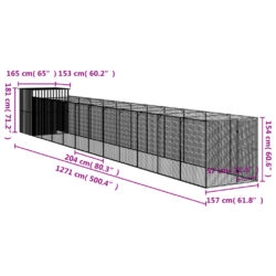 Hundehus med gård antrasitt 165x1271x181 cm galvanisert stål