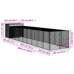 Hundehus med gård antrasitt 214x1069x181 cm galvanisert stål