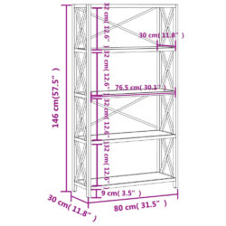 Hylle 5 etasjer 80x30x146 cm heltre eik