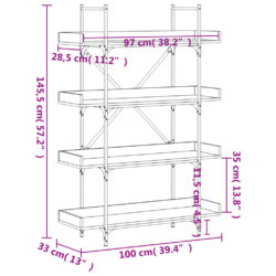 Bokhylle 4 etasjer røkt eik 100x33x145,5 cm konstruert tre