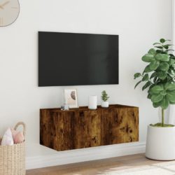 Vegghengt TV-benk med LED røkt eik 80x35x31 cm