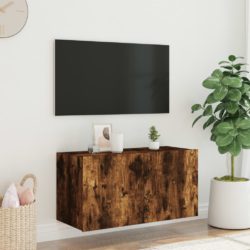 Vegghengt TV-benk med LED røkt eik 80x35x41 cm