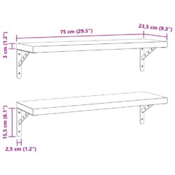 Vegghyller 2 stk 75×23,5 cm sølv rustfritt stål