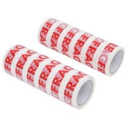 Emballasjetape 12 stk FRAGILE-trykk hvit 48 mm x 66 m