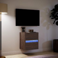 Vegghengt TV-benk med LED brun eik 41x31x45 cm