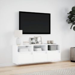 Vegghengt TV-benk med LED hvit 130x31x45 cm