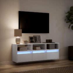 Vegghengt TV-benk med LED hvit 130x31x45 cm