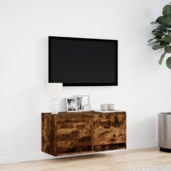 Vegghengt TV-benk med LED røkt eik 80x31x35 cm