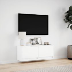 Vegghengt TV-benk med LED hvit 100x31x35 cm