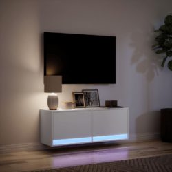 Vegghengt TV-benk med LED hvit 100x31x35 cm